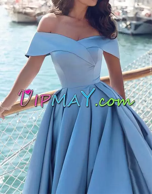 Lovely Empire Hoco Dress Baby Blue Off The Shoulder Satin Sleeveless Floor Length