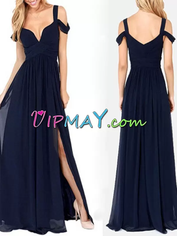 Ideal Navy Blue Sleeveless Floor Length Ruching Zipper Homecoming Party Dress Straps