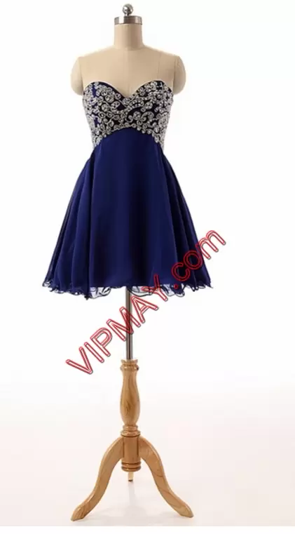 Sumptuous Royal Blue Sleeveless Mini Length Beading and Ruching Lace Up Prom Dress Sweetheart