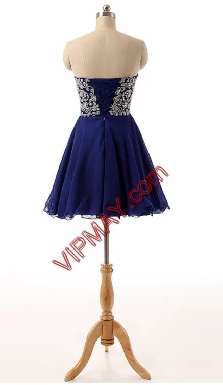 Sumptuous Royal Blue Sleeveless Mini Length Beading and Ruching Lace Up Prom Dress Sweetheart