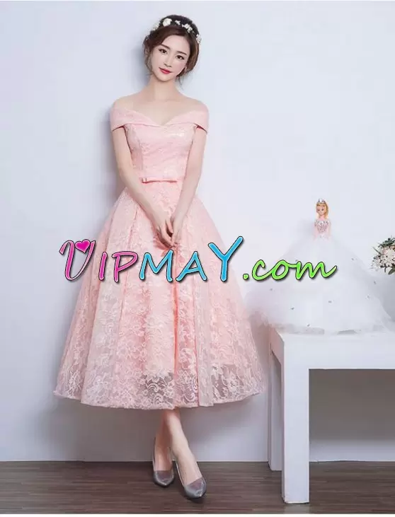 Fancy Pink Off The Shoulder Lace Up Bowknot Homecoming Gowns Sleeveless