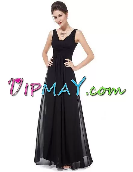 Glittering Black Sleeveless Floor Length Ruching Backless Homecoming Dress V-neck