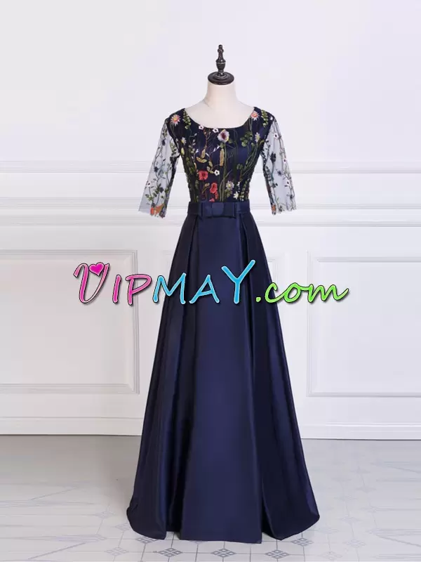 Traditional A-line Evening Dress Navy Blue Scoop Satin Half Sleeves Floor Length Zipper