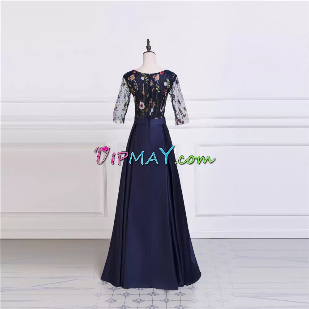 Traditional A-line Evening Dress Navy Blue Scoop Satin Half Sleeves Floor Length Zipper