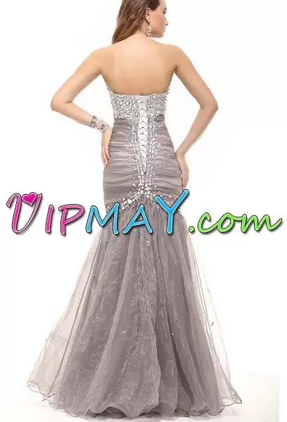 Cute Floor Length Mermaid Sleeveless Grey Prom Evening Gown Lace Up