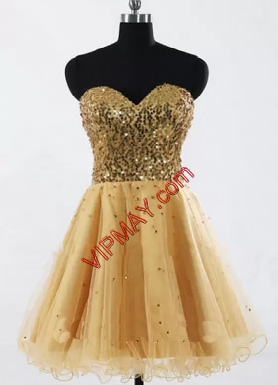 Gold A-line Beading and Sequins Dress for Prom Lace Up Tulle Sleeveless Knee Length