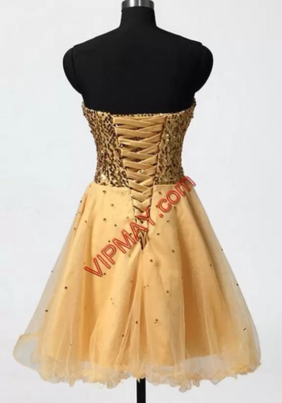 Gold A-line Beading and Sequins Dress for Prom Lace Up Tulle Sleeveless Knee Length