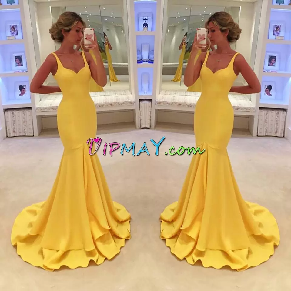 Super Yellow Spaghetti Straps Neckline Ruching Homecoming Dress Sleeveless Lace Up