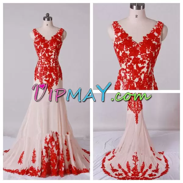 Inexpensive Appliques Hoco Dress Red Lace Up Sleeveless Sweep Train