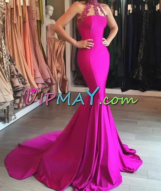 Sleeveless Floor Length Beading Lace Up Prom Evening Gown with Hot Pink