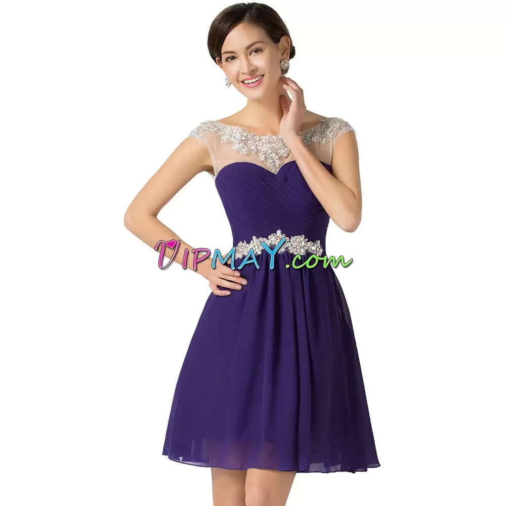 Purple Lace Up Dress for Prom Beading Cap Sleeves Mini Length