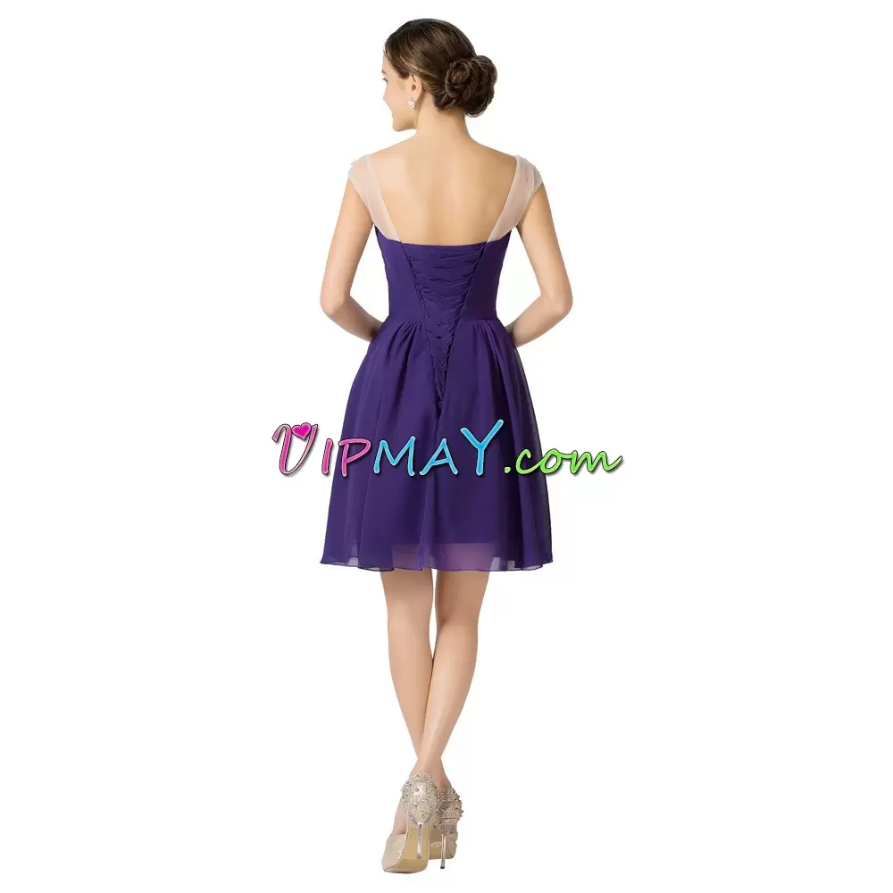 Purple Lace Up Dress for Prom Beading Cap Sleeves Mini Length