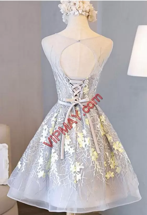 Trendy Grey Lace Up Scoop Appliques Prom Party Dress Satin Sleeveless