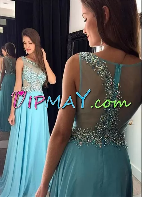 Blue A-line Beading Homecoming Dress Zipper Chiffon Sleeveless Floor Length