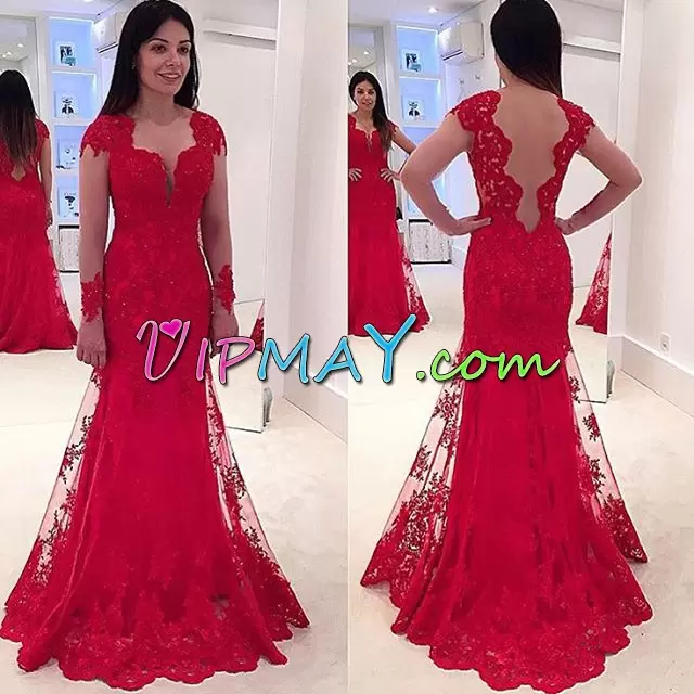 Sleeveless V-neck Lace and Appliques Backless Prom Dress