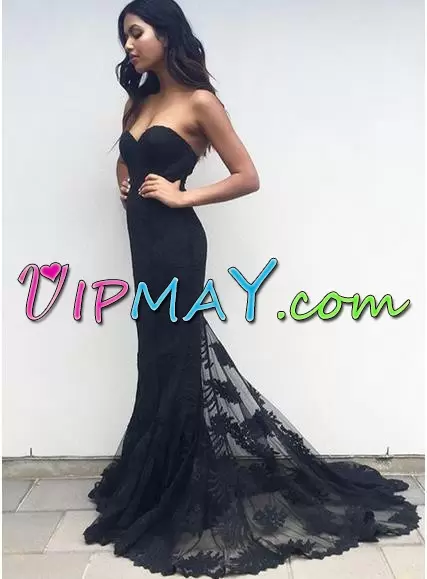 Sumptuous Black Sweetheart Lace Up Appliques and Ruching Prom Dresses Sweep Train Sleeveless