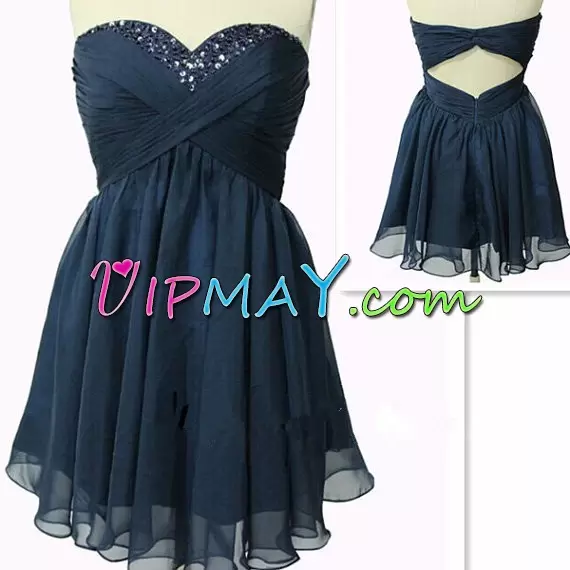 Exceptional Navy Blue Chiffon Backless Homecoming Gowns Sleeveless Mini Length Beading