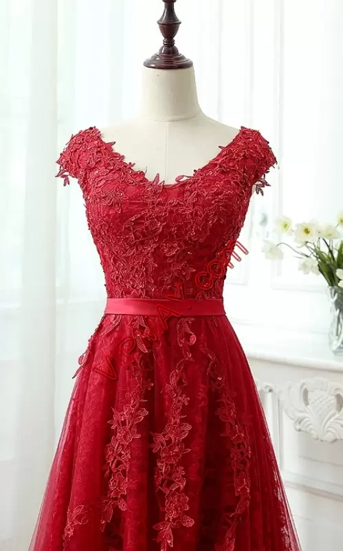 Perfect Wine Red A-line Tulle Scoop Sleeveless Lace Evening Dress Brush Train