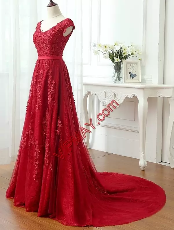 Perfect Wine Red A-line Tulle Scoop Sleeveless Lace Evening Dress Brush Train