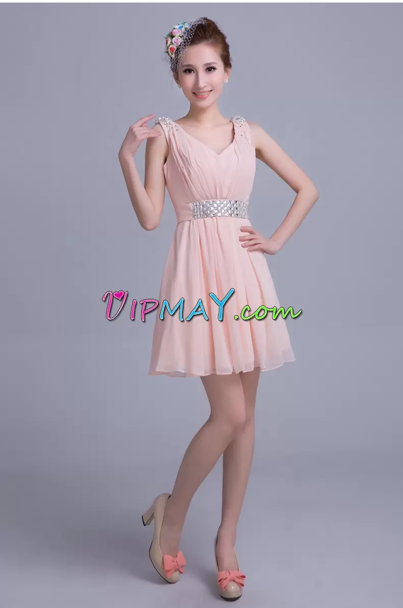 Chiffon Straps Sleeveless Lace Up Beading and Ruching Homecoming Dress in Pink