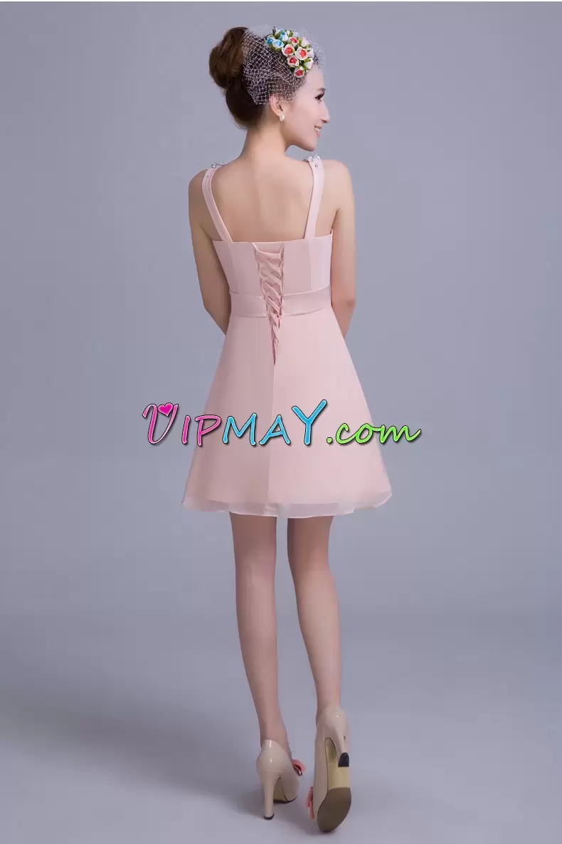 Chiffon Straps Sleeveless Lace Up Beading and Ruching Homecoming Dress in Pink