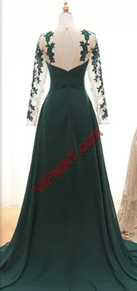 Long Sleeves Chiffon Brush Train Zipper Evening Party Dresses in Dark Green with Lace