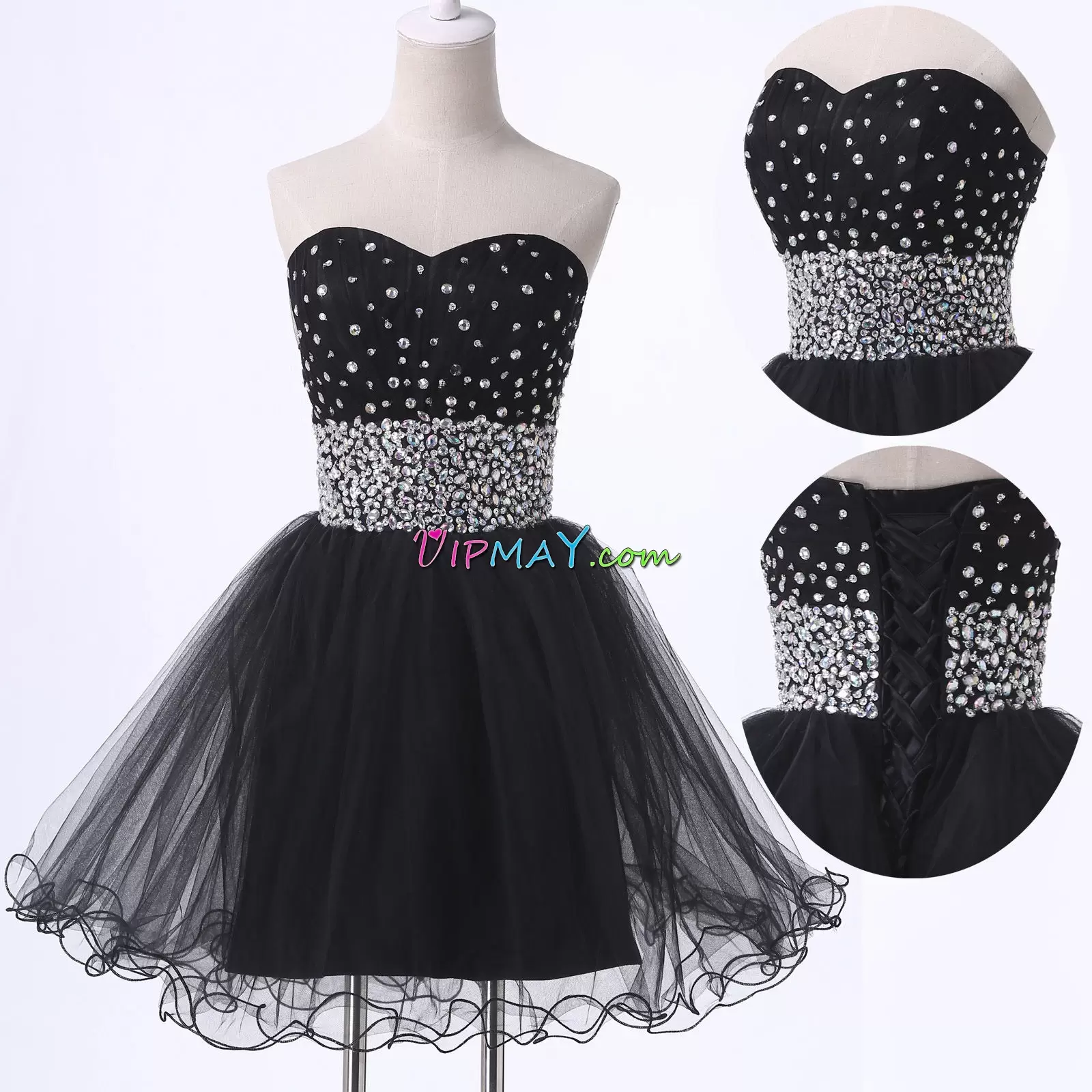 Traditional Black A-line Tulle Sweetheart Sleeveless Beading Mini Length Lace Up Prom Party Dress