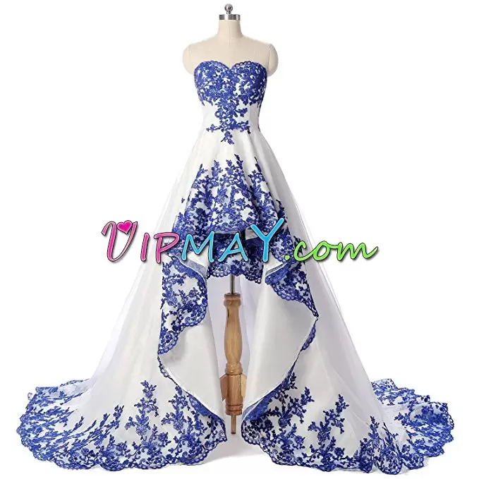 High End Sleeveless Floor Length Beading and Lace Lace Up Prom Party Dress with Blue Sweep Train