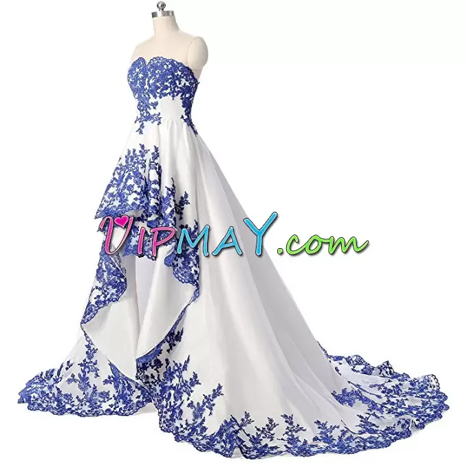 High End Sleeveless Floor Length Beading and Lace Lace Up Prom Party Dress with Blue Sweep Train