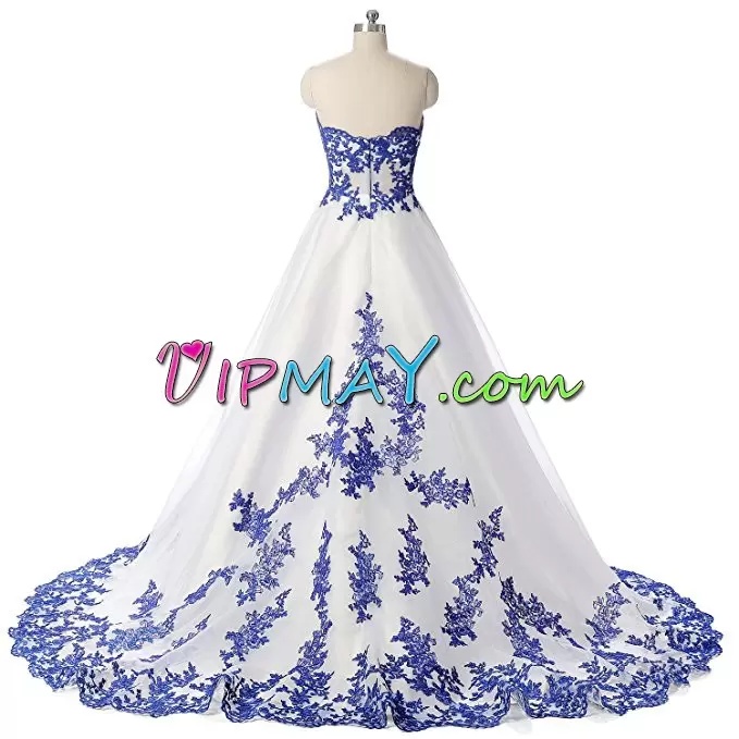 High End Sleeveless Floor Length Beading and Lace Lace Up Prom Party Dress with Blue Sweep Train