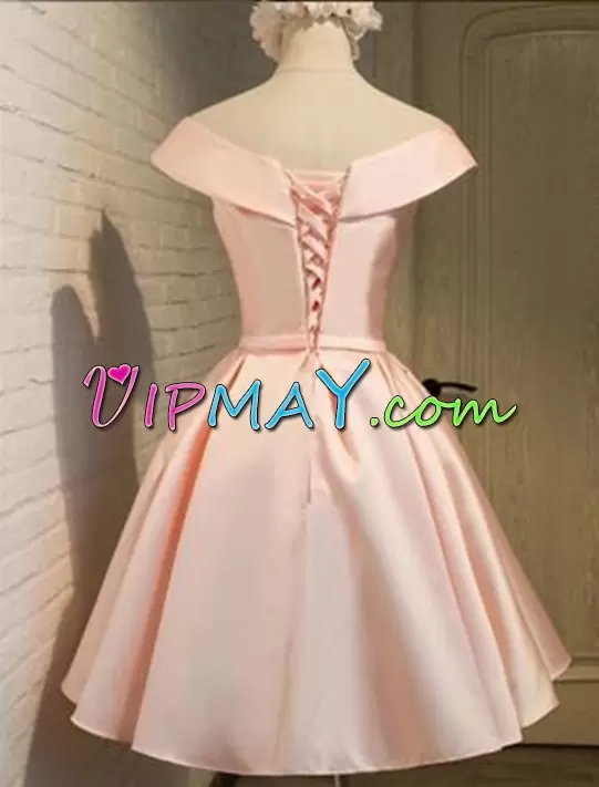 Off The Shoulder Sleeveless Lace Up Prom Evening Gown Pink Satin Ruching