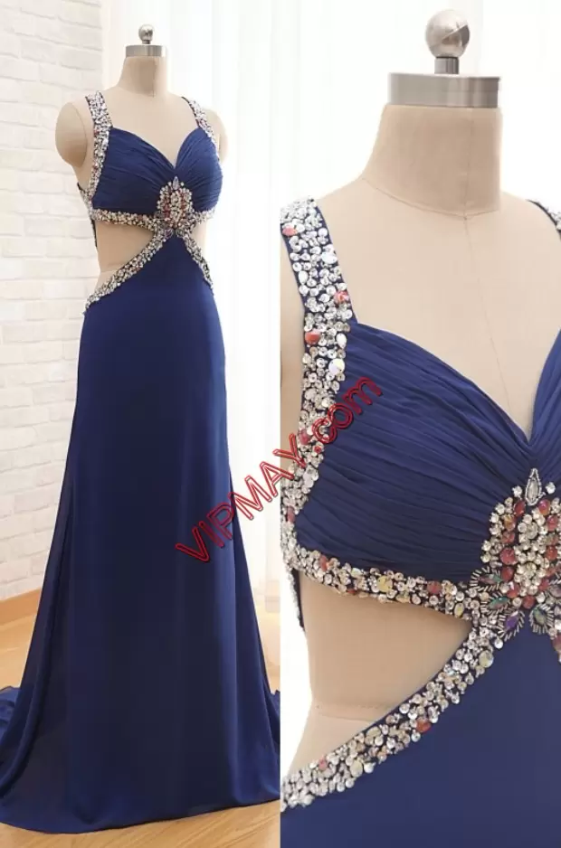 Royal Blue A-line Beading and Ruching Prom Homecoming Dress Backless Chiffon Sleeveless