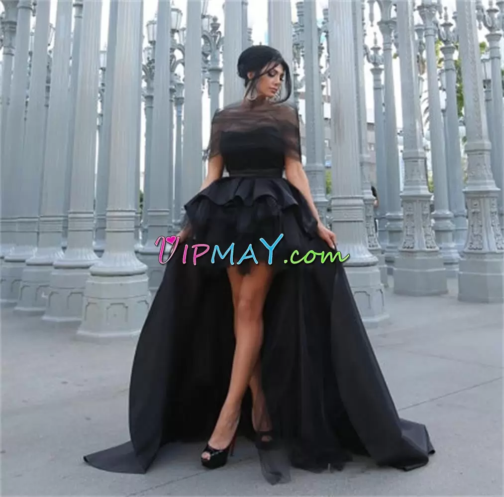 High Low Ball Gowns Sleeveless Black Junior Homecoming Dress Sweep Train Lace Up