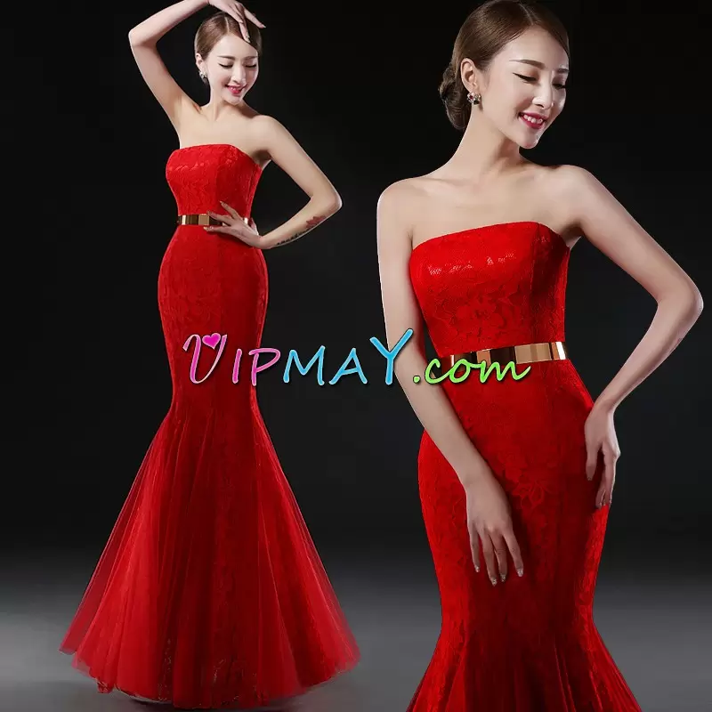 Sleeveless Strapless Lace Up Floor Length Belt Hoco Dress Strapless