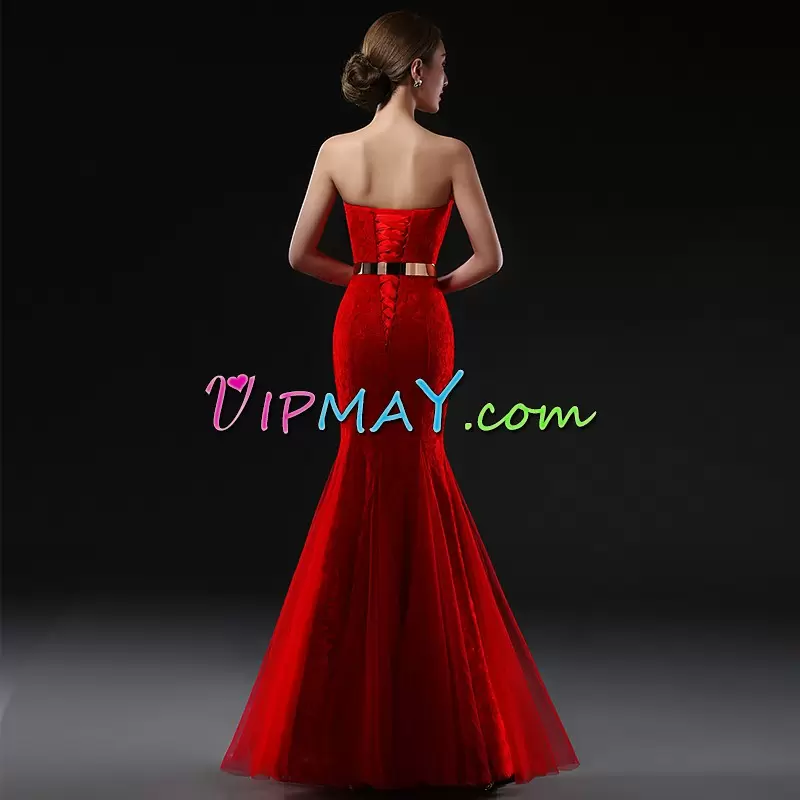 Sleeveless Strapless Lace Up Floor Length Belt Hoco Dress Strapless