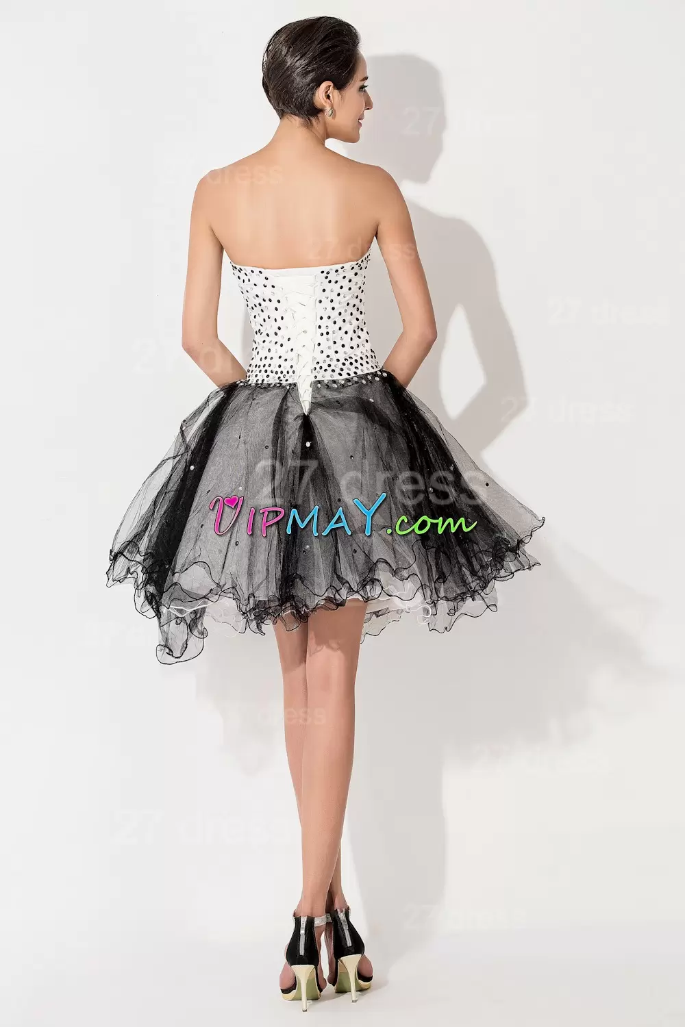 White And Black Sleeveless Tulle Lace Up for Prom and Party