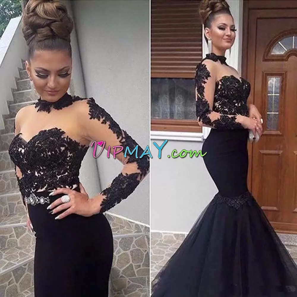 Traditional Black Mermaid Beading and Lace Prom Dress Backless Long Sleeves Floor Length