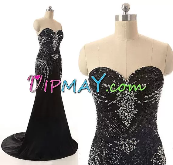 Black Sweetheart Zipper Beading and Lace Evening Dress Sweep Train Sleeveless