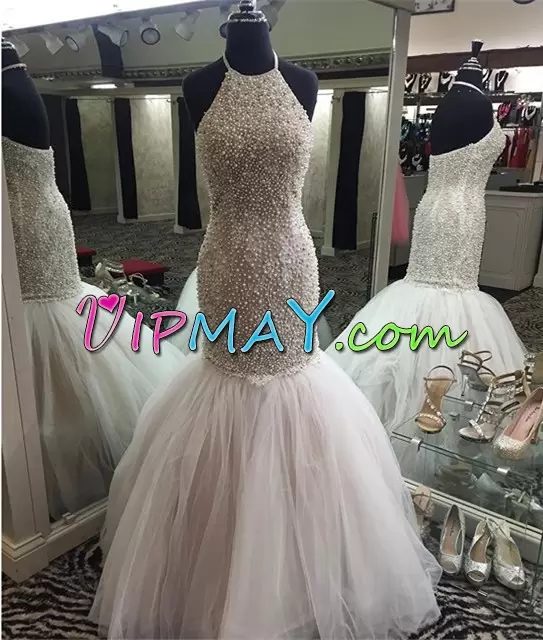 Smart Halter Top Sleeveless Sweep Train Lace Up Prom Party Dress White Organza Beading and Lace