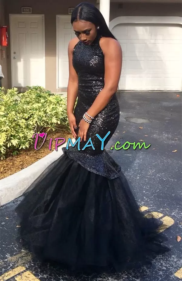 Best Selling Sleeveless High-neck Sweep Train Beading Lace Up Prom Dresses