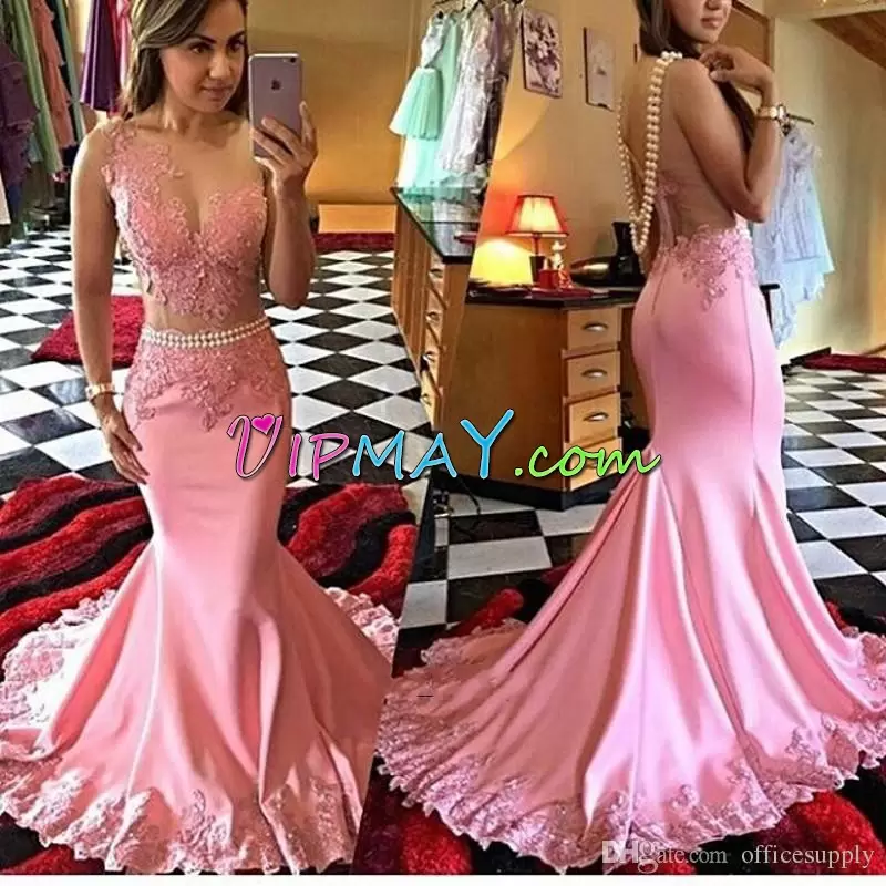 Romantic Pink Sleeveless Sweep Train Side Zipper Junior Homecoming Dress for Prom and Party
