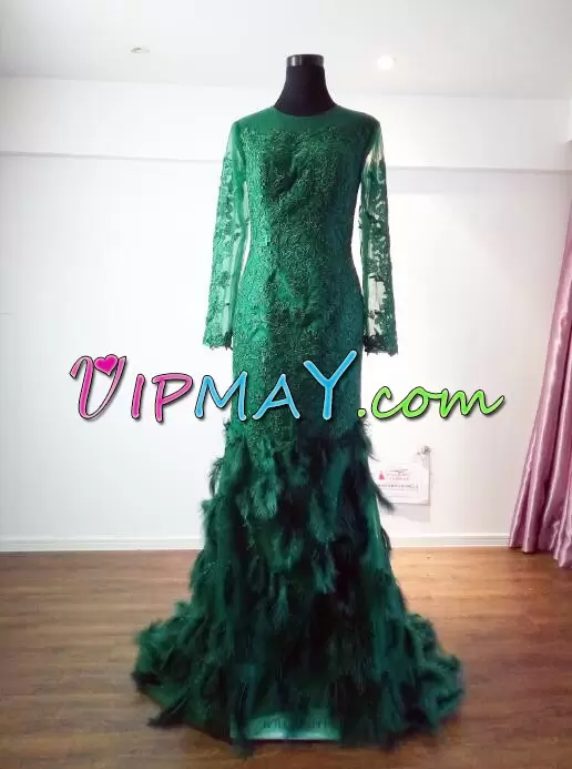 Best Green Scoop Neckline Appliques Hoco Dress Long Sleeves Clasp Handle