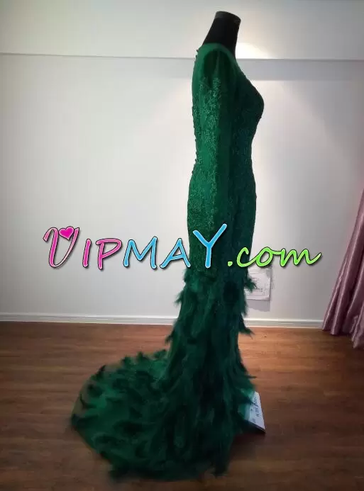 Best Green Scoop Neckline Appliques Hoco Dress Long Sleeves Clasp Handle