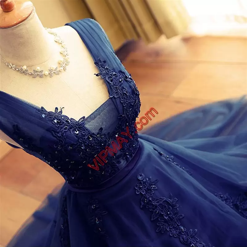 Extravagant Beading and Appliques Navy Blue Backless Sleeveless