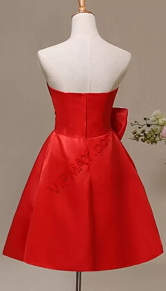 Sophisticated Satin Sleeveless Knee Length Prom Homecoming Dress and Beading and Bowknot