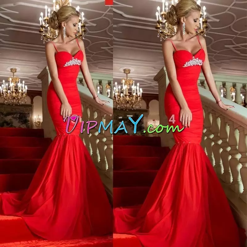 Red Spaghetti Straps Zipper Beading Prom Dress Brush Train Sleeveless