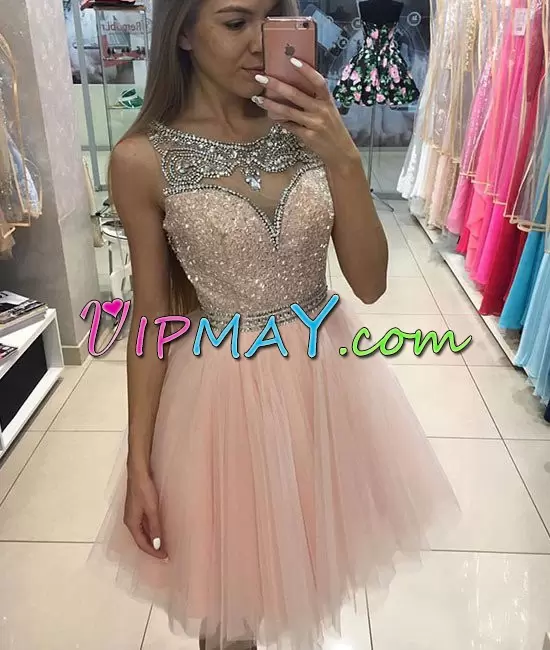 New Arrival Pink Scoop Neckline Beading Homecoming Party Dress Sleeveless Lace Up