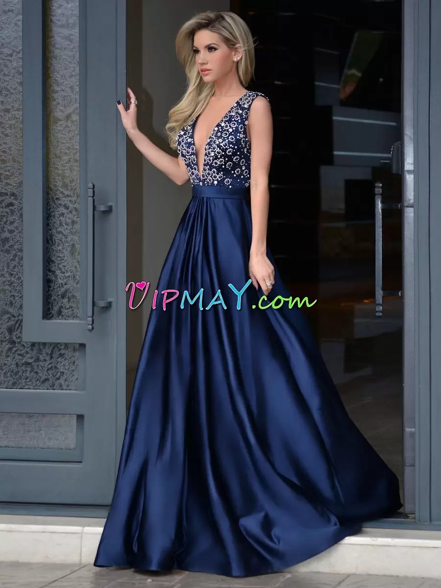 Elegant Sleeveless V-neck Sweep Train Backless Beading Prom Evening Gown V-neck