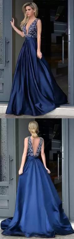 Elegant Sleeveless V-neck Sweep Train Backless Beading Prom Evening Gown V-neck