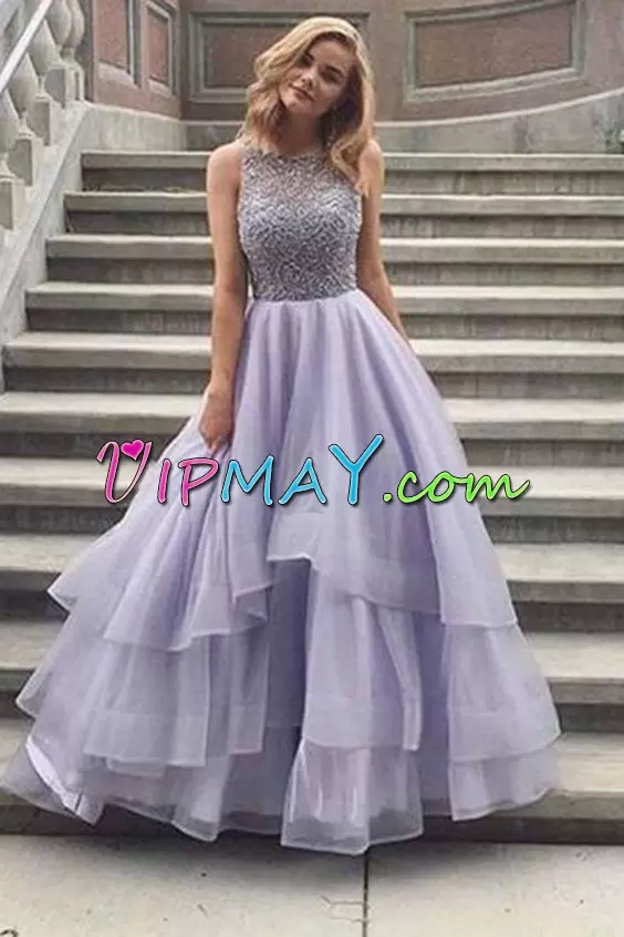 Glorious Lilac Tulle Zipper Scoop Sleeveless Floor Length Prom Evening Gown Beading